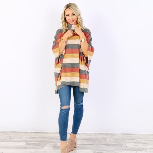 Cozy Stripe Cowl Neck Poncho - Picture 7 of 7
